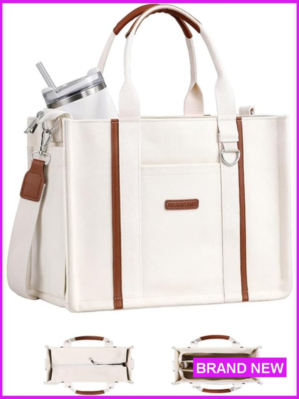 Canvas Tote Bag with Laptop Compartment Multi-Pocket Work Travel Purse